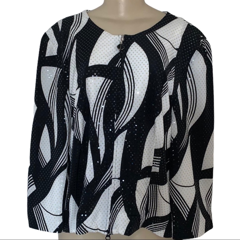 VTG Joseph Ribkoff Zebra Black White Bold Retro Veston Glitter Blouse Jacket